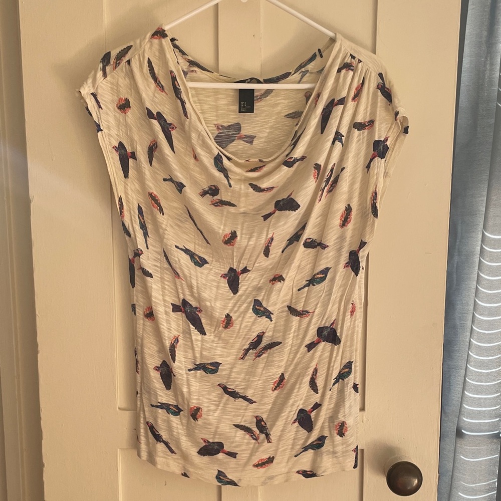 H&M Beige Top with Colorful Bird and Feather Design